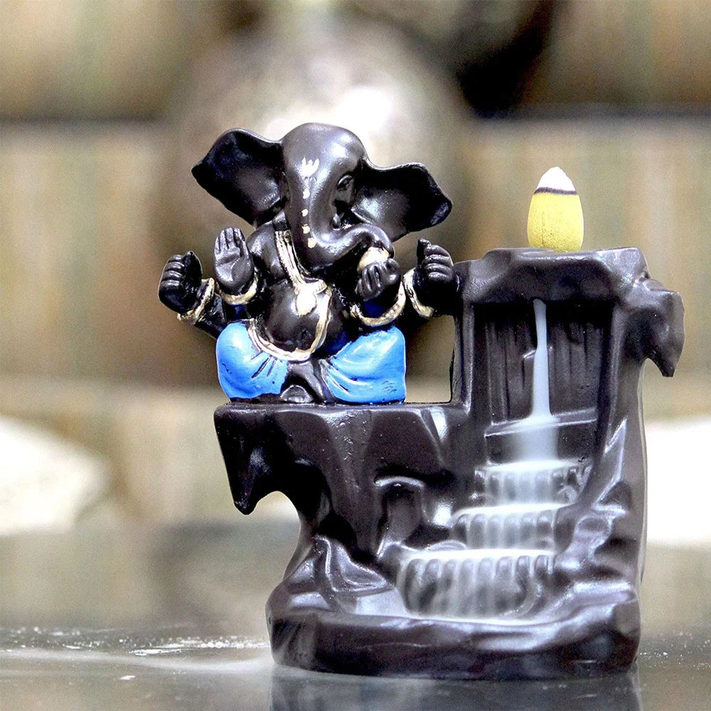 Jiyansh Creation PolyResin Ganesha Smoke Fountain Backflow Waterfall Cone Incense Holder Showpiece Statue with 10 Back Flow Incense Cone|- Blue Black