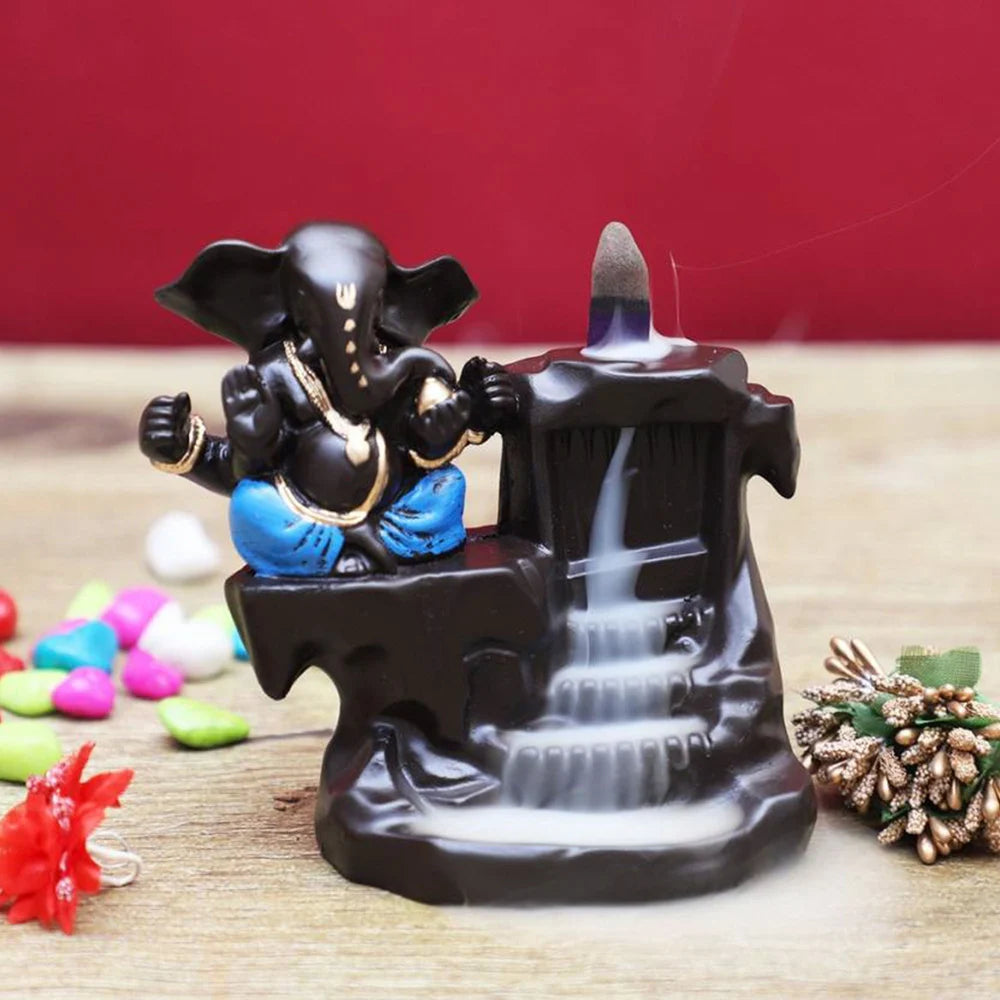 Jiyansh Creation PolyResin Ganesha Smoke Fountain Backflow Waterfall Cone Incense Holder Showpiece Statue with 10 Back Flow Incense Cone|- Blue Black